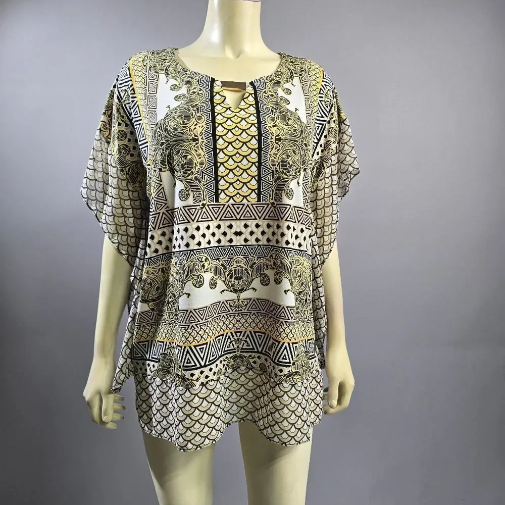 JM Collection Gold and Black Patterned Blouse R5